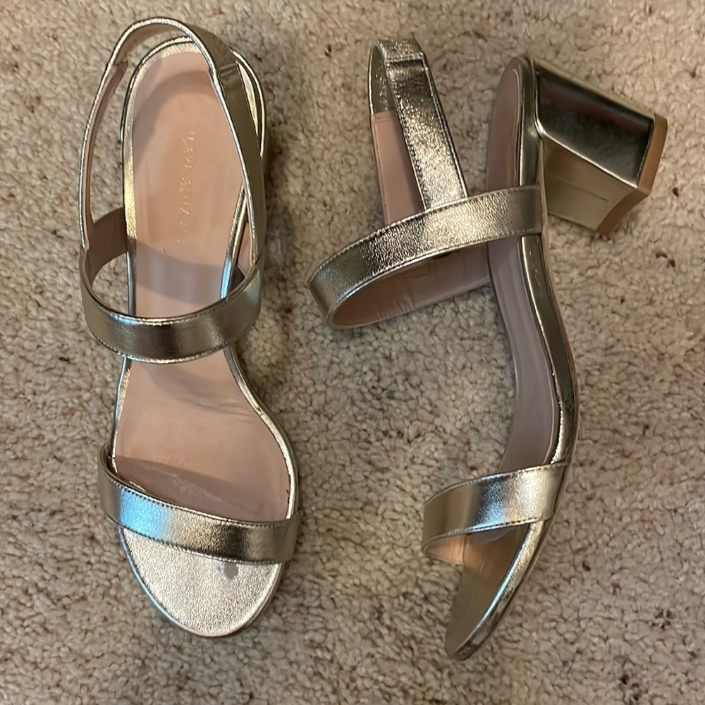 Stuart Weitzman gold block heal shoes.